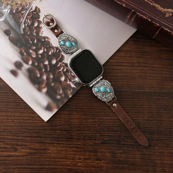Leather Apple Watch Strap for Women 38-49mm Western Turquoise Retro Style - Picture 2 of 6